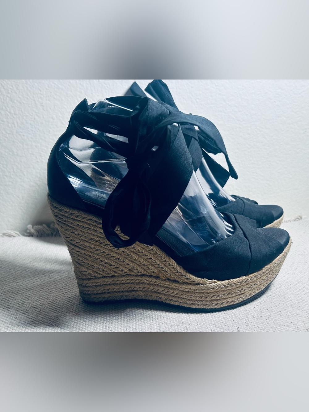 UGG Black Espadrille Wedge Sandals with Ankle Wrap - Picture 3 of 14